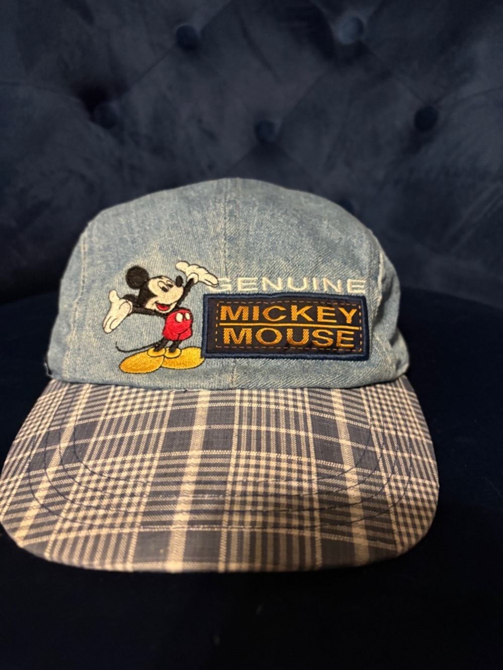 Vintage Disney Mickey Mouse Denim Cap with Plaid Brim - Blue